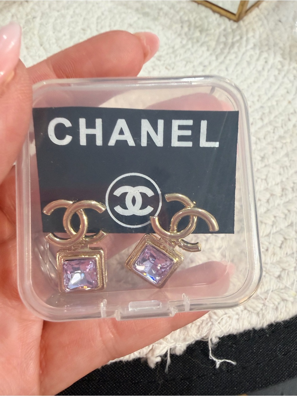 Gold-Tone CC Drop Earrings with Lavender Square Stones - Picture 8 of 9